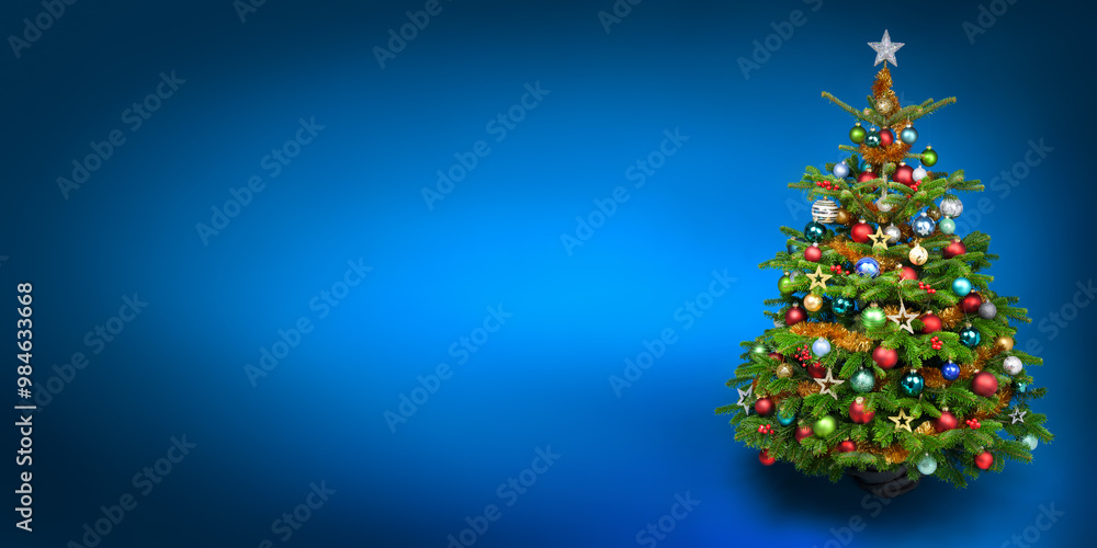 Fototapeta premium Gorgeous decorated Christmas tree on a wide vignetted blue background. A stylish simple design with lots of free space for your visual elements