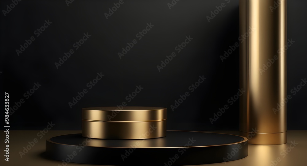 Obraz premium Minimal black scene with golden lines. Cylindrical gold and black podium on a black background. 3D stage for displaying a cosmetic product