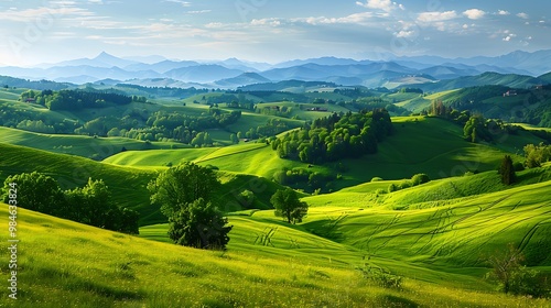 Beautiful summer landscape. grassy meadow on the hillside under blue sky with clouds