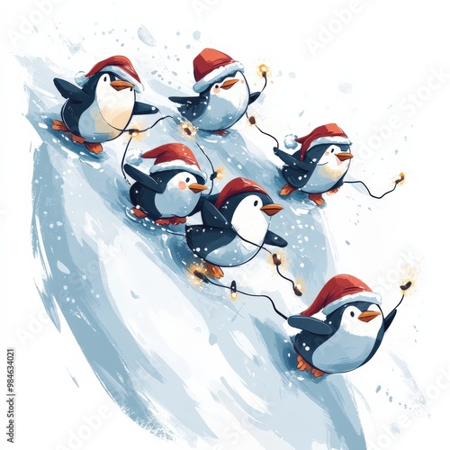 A delightful group of penguins wearing Santa hats joyfully slides down a snowy hill, playfully holding bright Christmas lights in a festive atmosphere of winter fun