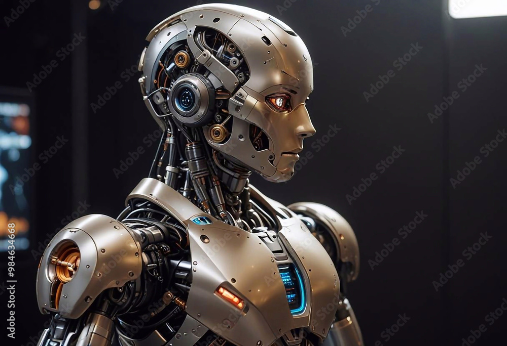 A modern robot with a sleek metallic design, expressive eyes and visible mechanical components in a technological setting A modern robot with a sleek metallic design, expressive eyes and visible mechanical components in a technological setting