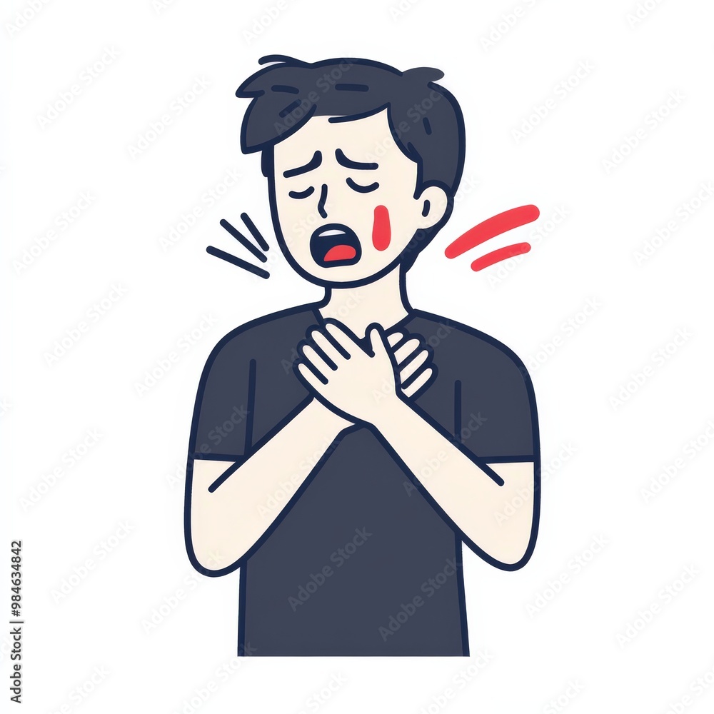 This illustration depicts a person experiencing a cough, holding their chest with a pained expression. Motion lines emphasize the action against a simple white backdrop This illustration depicts a person experiencing a cough, holding their chest with a pained expression. Motion lines emphasize the action against a simple white backdrop