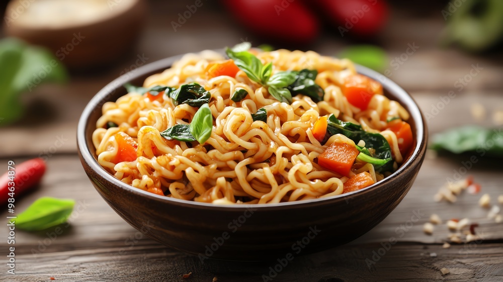 Vegetarian spicy curry noodles are packed with vegetables like bell peppers, carrots, and spinach for added texture and nutrition Vegetarian spicy curry noodles are packed with vegetables like bell peppers, carrots, and spinach for added texture and nutrition