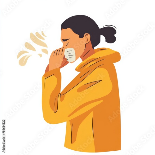 A person is depicted coughing while covering their mouth with their elbow, with puffs of air illustrating the cough. This emphasizes the importance of protecting others during respiratory illnesses