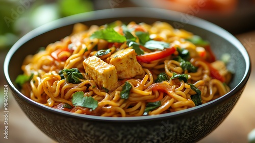 Vegetarian spicy curry noodles are packed with vegetables like bell peppers, carrots, and spinach for added texture and nutrition