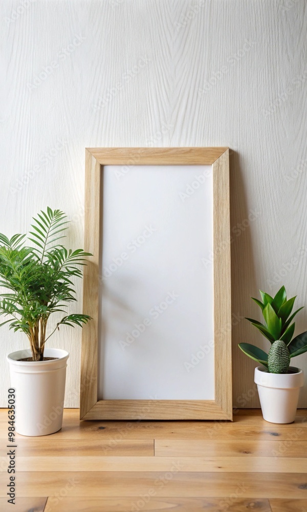 Minimalist Wooden Frame and Indoor Plants on Wooden Surface Minimalist Wooden Frame and Indoor Plants on Wooden Surface