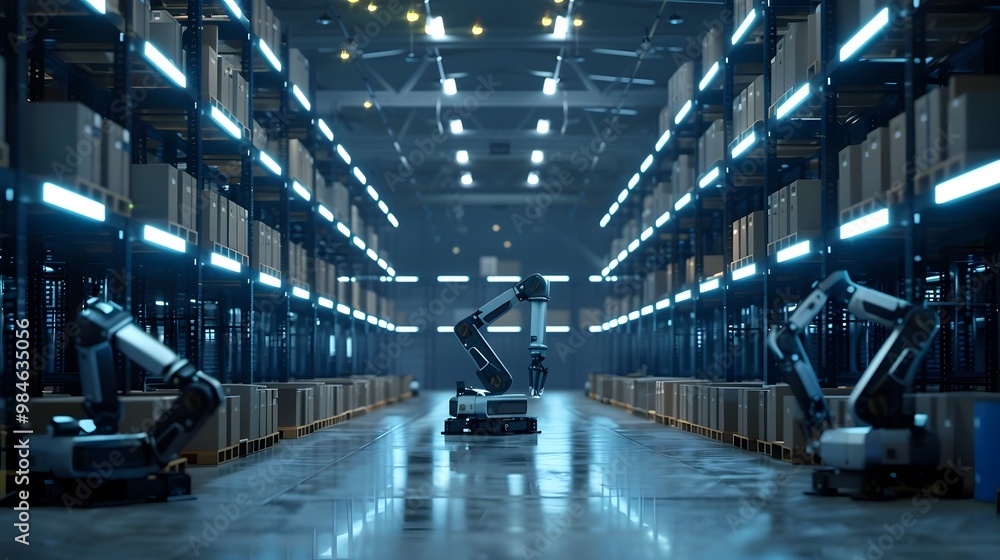 Obraz premium Cloud Powered Robotic Warehouse with Automated Logistics Software and Connected Systems