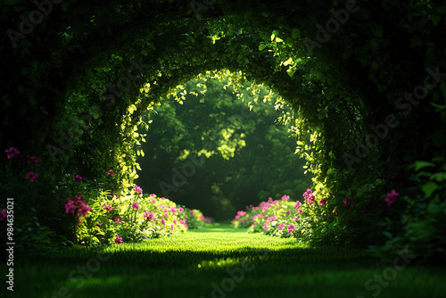 Sunlit garden pathway surrounded by lush green foliage and colorful flowers.