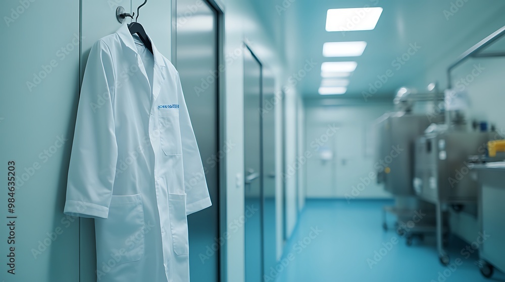 A white lab coat hangs on a hook in a sterile, industrial hallway. A white lab coat hangs on a hook in a sterile, industrial hallway.