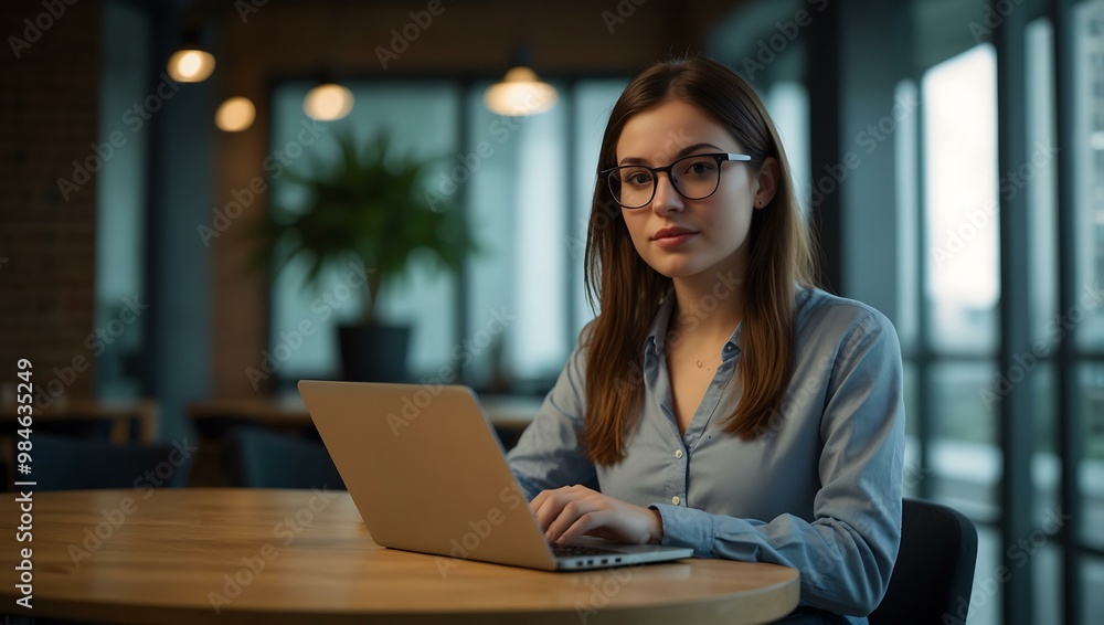 Young woman working on a laptop in a modern setting. Young woman working on a laptop in a modern setting.
