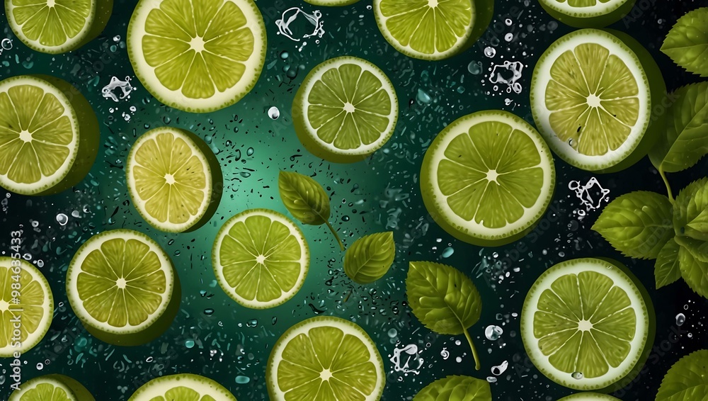 Vector background with lime slices, green juice splash, and mint leaves. Vector background with lime slices, green juice splash, and mint leaves.