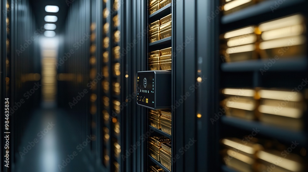 Vault with biometric scanner protecting gold bars, advanced security for valuable assets Vault with biometric scanner protecting gold bars, advanced security for valuable assets