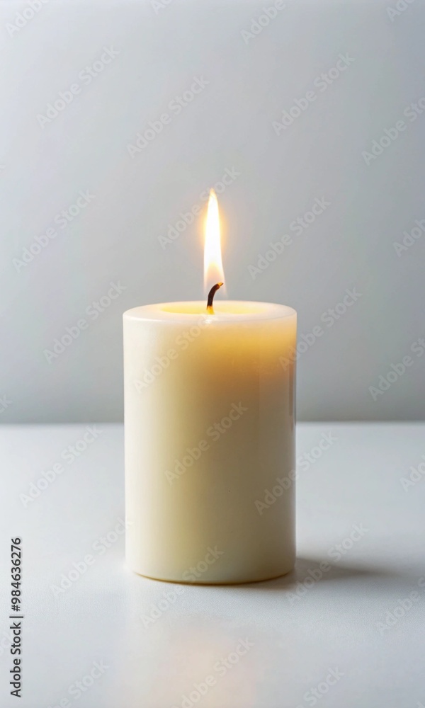 Serene Glow of a Lit Beige Candle on Minimalistic Background Serene Glow of a Lit Beige Candle on Minimalistic Background