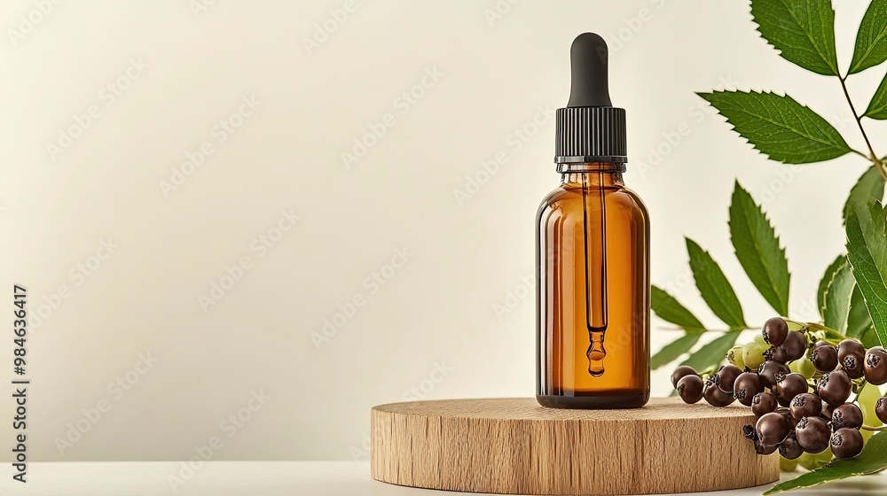 The amber glass bottle features a sleek black pump and dropper head, elegantly displayed on a wooden podium, surrounded by vibrant rowan berries, showcasing a minimalist aesthetic The amber glass bottle features a sleek black pump and dropper head, elegantly displayed on a wooden podium, surrounded by vibrant rowan berries, showcasing a minimalist aesthetic