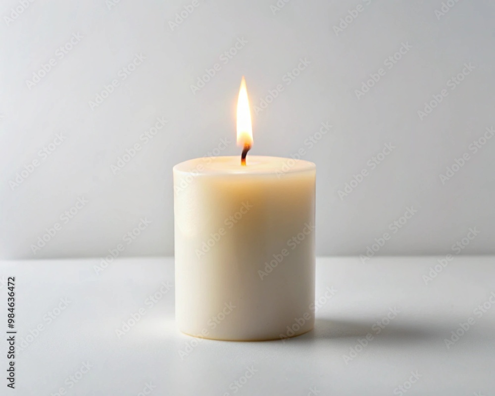 Minimalistic White Candle with Soothing Flame on Clean Background Minimalistic White Candle with Soothing Flame on Clean Background