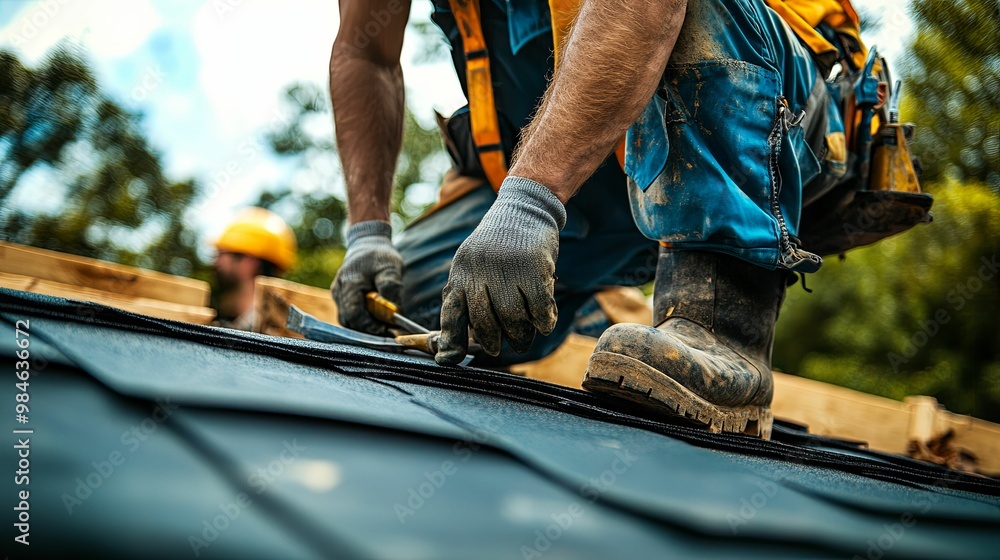 Close-up of a Construction Worker Installing Roofing Shingles Close-up of a Construction Worker Installing Roofing Shingles