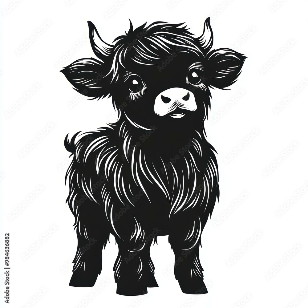 Obraz premium Monochrome illustration of an adorable baby cow with fluffy fur, perfect for rural or farm-themed projects, children's books, or cute animal designs,
