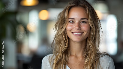 Portrait of a Woman with Long Blonde Hair Smiling