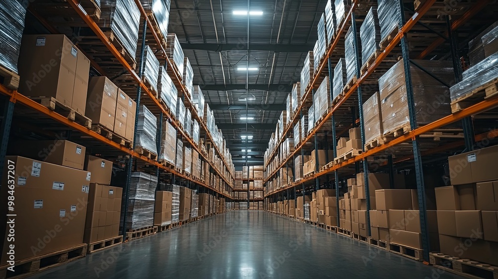 Rows of Cardboard Boxes Stacked on Shelves in a Warehouse Rows of Cardboard Boxes Stacked on Shelves in a Warehouse
