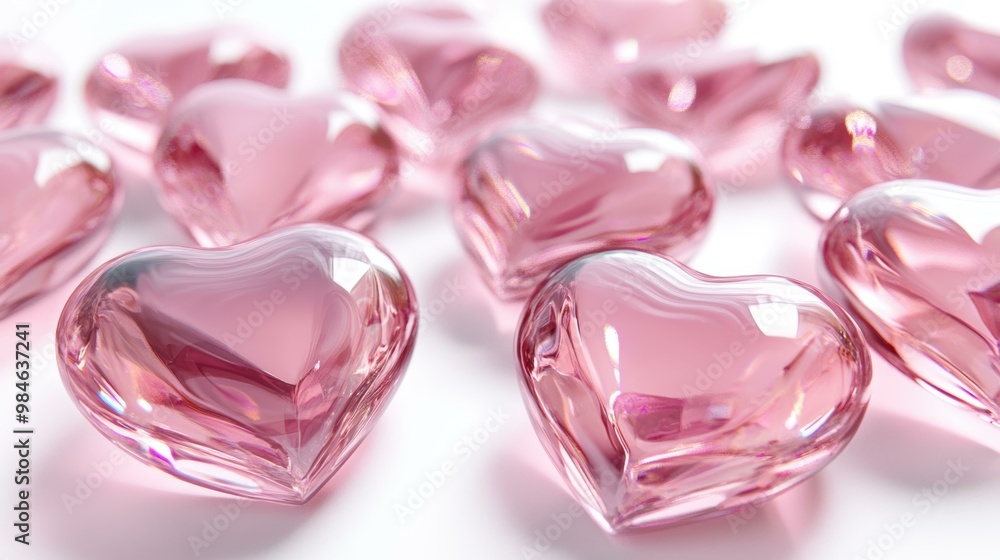 Pink glass heart ornaments scattered on a white surface, perfect for expressing love and romance in designs for Valentine's Day, weddings, and anniversaries, Pink glass heart ornaments scattered on a white surface, perfect for expressing love and romance in designs for Valentine's Day, weddings, and anniversaries,