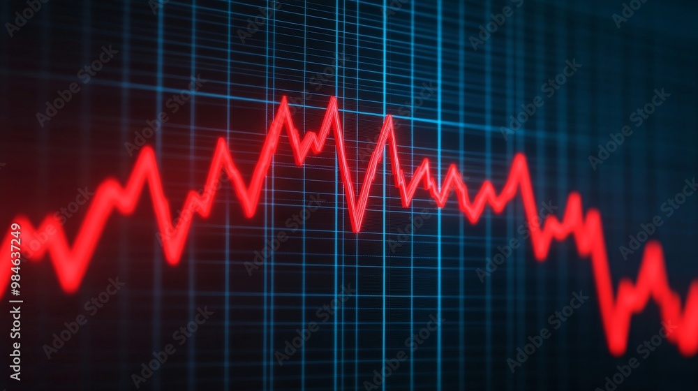 A digital representation of a fluctuating red waveform on a blue background, illustrating data trends or signals. A digital representation of a fluctuating red waveform on a blue background, illustrating data trends or signals.