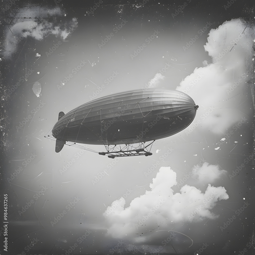 An intricate black and white depiction of majestic airship sailing above calm waters under cloudy sky An intricate black and white depiction of majestic airship sailing above calm waters under cloudy sky