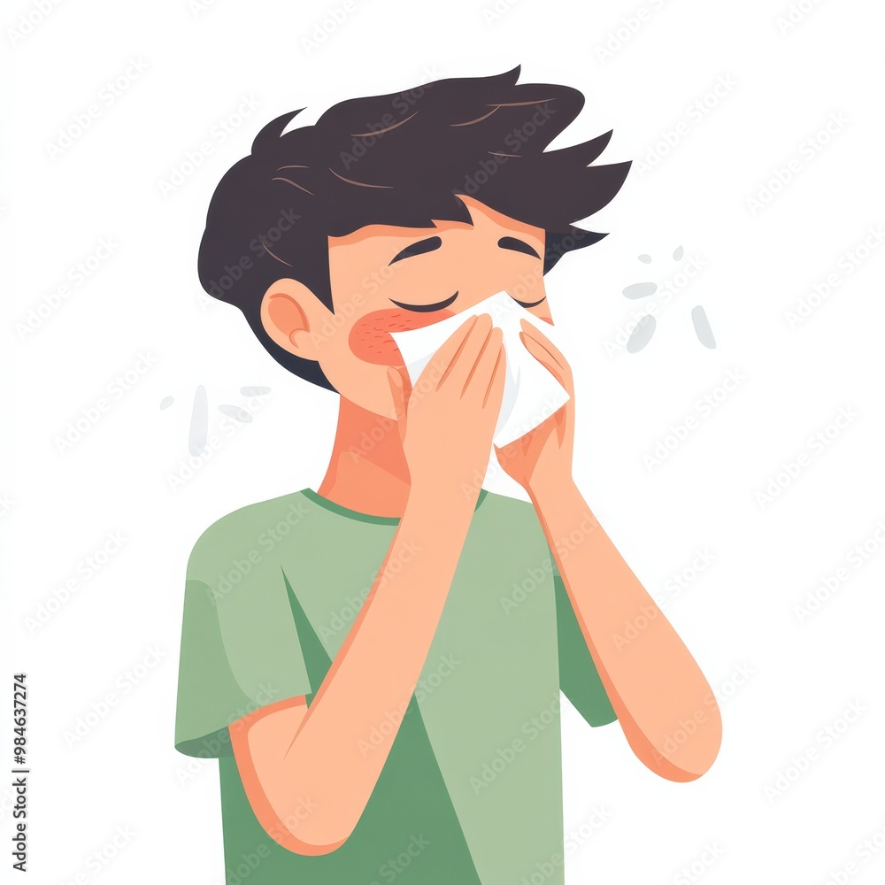 This illustration depicts a person with a red and irritated nose, using a tissue to wipe away their runny nose. The minimal design emphasizes their discomfort This illustration depicts a person with a red and irritated nose, using a tissue to wipe away their runny nose. The minimal design emphasizes their discomfort