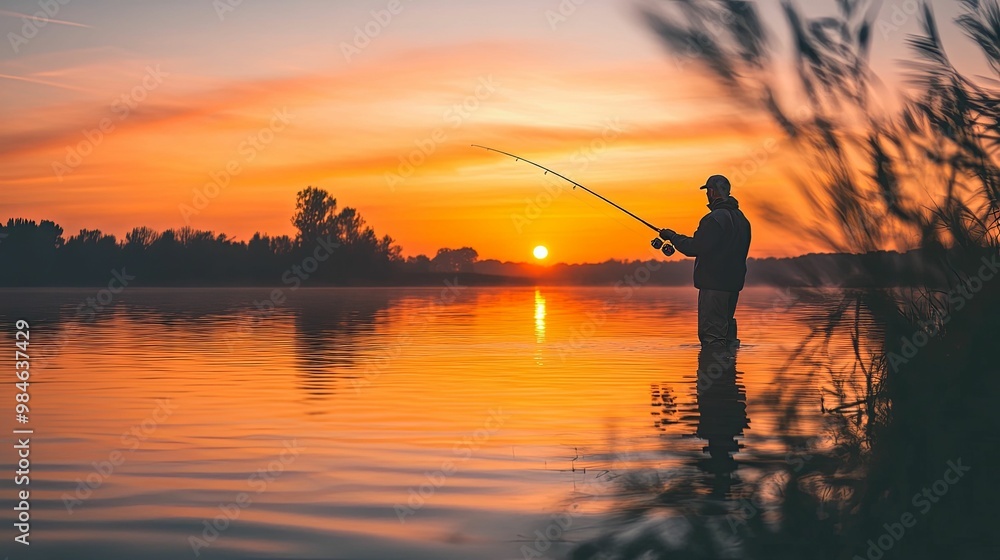 Silhouette of a Fisherman Casting a Line at Sunset Silhouette of a Fisherman Casting a Line at Sunset