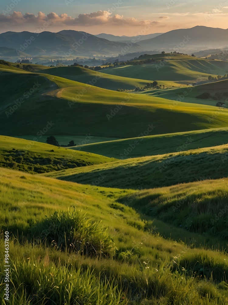 Vibrant landscape with sky, hills, and grassy fields. Vibrant landscape with sky, hills, and grassy fields.