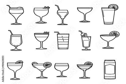 Line Art Cocktail Glass Icons Featuring Martini Glasses, Highball Glasses, Tumbler, and Can Designs with Straws and Garnishes for Minimalist Drink and Beverage Illustrations.

