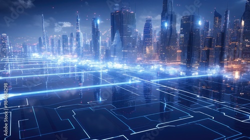 Futuristic city skyline with glowing circuit board in the foreground.