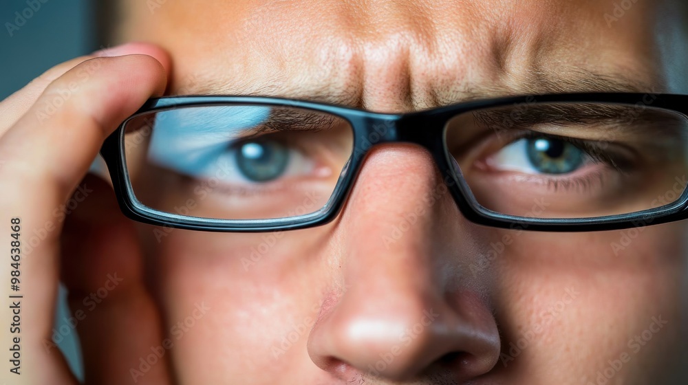 Close-up view of a person with glasses showing concentration and curiosity while engaging with a digital device indoors Close-up view of a person with glasses showing concentration and curiosity while engaging with a digital device indoors