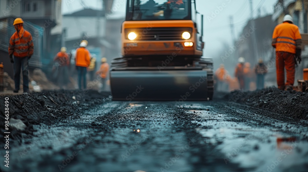 A Construction Roller Compactor on Wet Asphalt with Workers in the Background A Construction Roller Compactor on Wet Asphalt with Workers in the Background