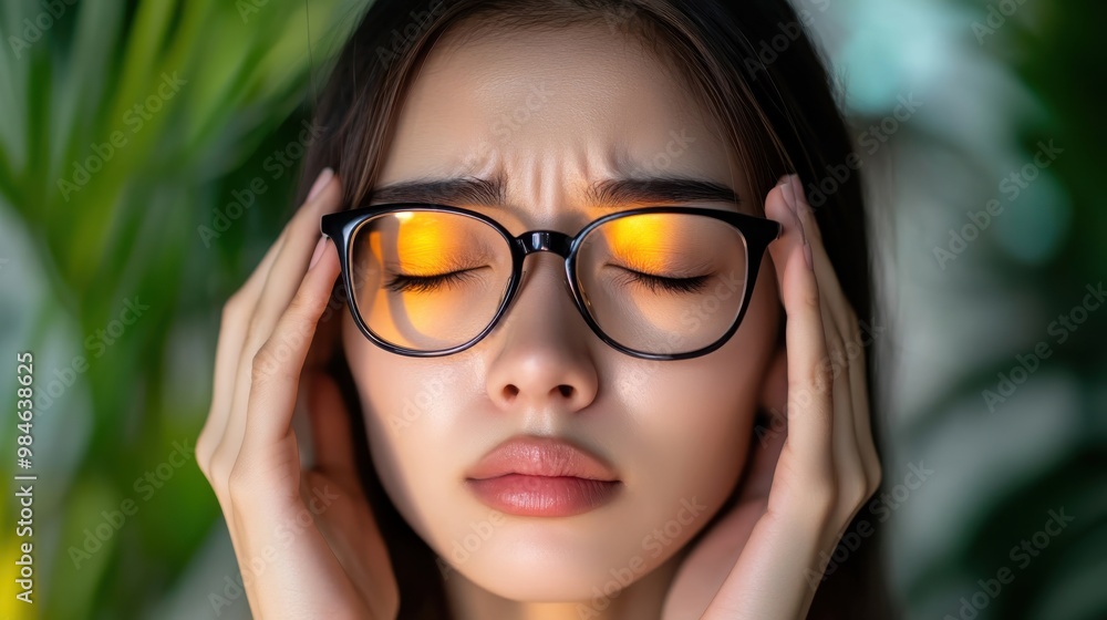 Young woman with glasses holding her head and closing her eyes while experiencing discomfort in a calm indoor setting Young woman with glasses holding her head and closing her eyes while experiencing discomfort in a calm indoor setting
