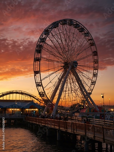 Vibrant sunset over an amusement park pier with roller coasters and a Ferris wheel.