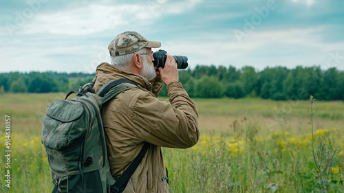 Elderly man birdwatching with camera in nature reserve, enjoying scenery