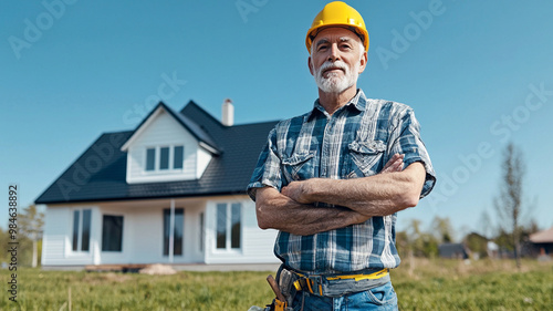 Experienced elderly man confidently standing in front of his house, showcasing self sufficiency photo