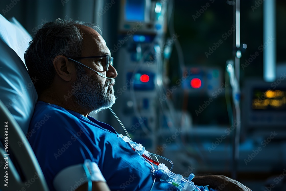Obraz premium a man lying in a hospital bed, looking pensive, connected to medical equipment, suggesting a serious health situation.