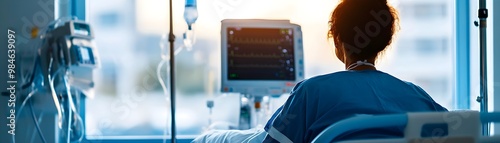 A healthcare professional monitors a patient’s vital signs on a computer in a bright clinical setting, emphasizing technology in modern medicine.