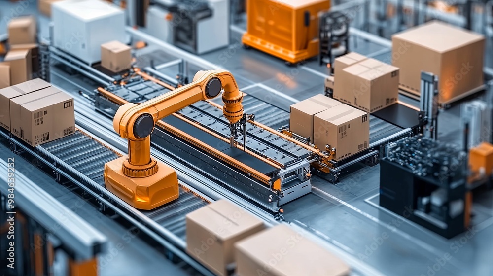 Automated robotic arm sorting and packaging boxes on conveyor belt in a warehouse Automated robotic arm sorting and packaging boxes on conveyor belt in a warehouse