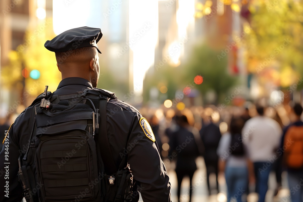 A police officer stands watch over a bustling street, observing a crowd in a city filled with warm light. A police officer stands watch over a bustling street, observing a crowd in a city filled with warm light.