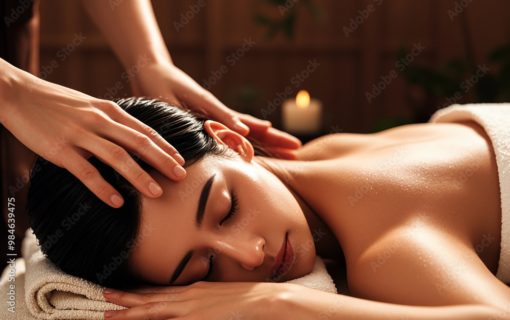 Fototapeta premium A young woman is getting a relaxation massage at a beauty spa; health and relaxation spa; a person on the massage bed receiving a relaxation treatment; relaxation photography; massage and therapy; 
