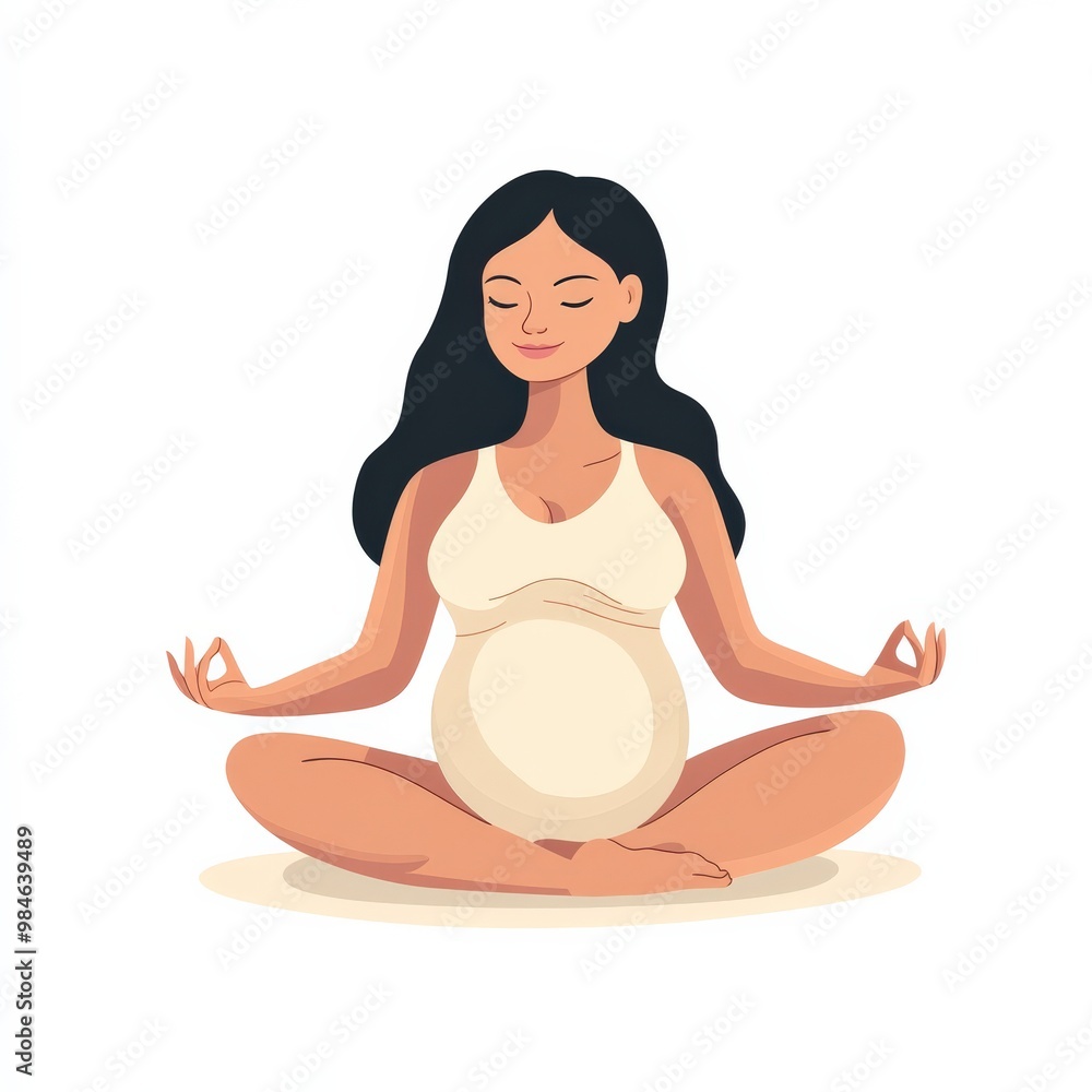 A pregnant woman sits in a lotus position, practicing yoga with a tranquil expression. The minimalist design features a white background, emphasizing her calmness and serenity A pregnant woman sits in a lotus position, practicing yoga with a tranquil expression. The minimalist design features a white background, emphasizing her calmness and serenity