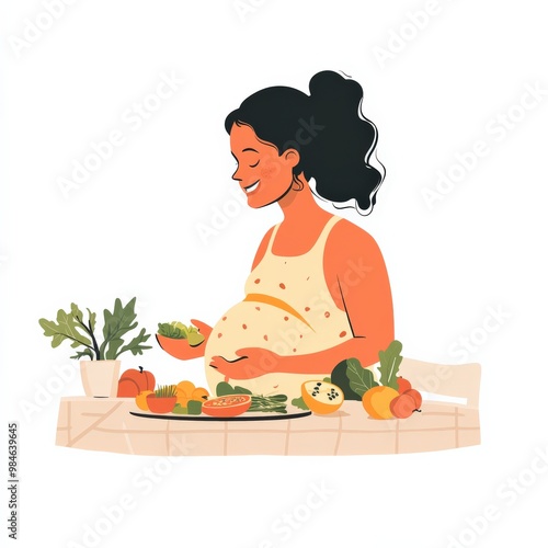 A joyful pregnant woman sits at a table surrounded by vibrant fruits and vegetables, savoring a nourishing meal. She wears a soft smile, enjoying her moment of wellness