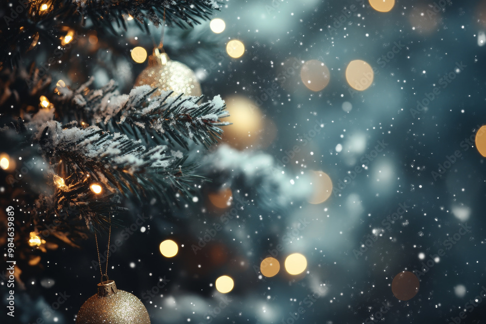 A beautifully decorated Christmas tree adorned with golden ornaments and twinkling lights, surrounded by falling snowflakes, creates magical winter atmosphere A beautifully decorated Christmas tree adorned with golden ornaments and twinkling lights, surrounded by falling snowflakes, creates magical winter atmosphere