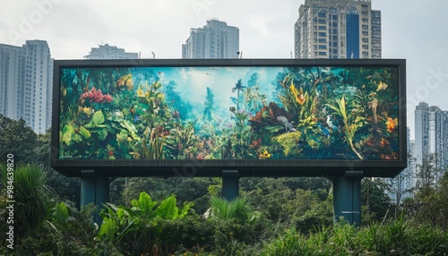 Fototapeta Naklejka Na Ścianę i Meble -  A vibrant billboard showcasing an underwater scene filled with coral reefs, marine life, and plants, set against a backdrop of urban buildings.