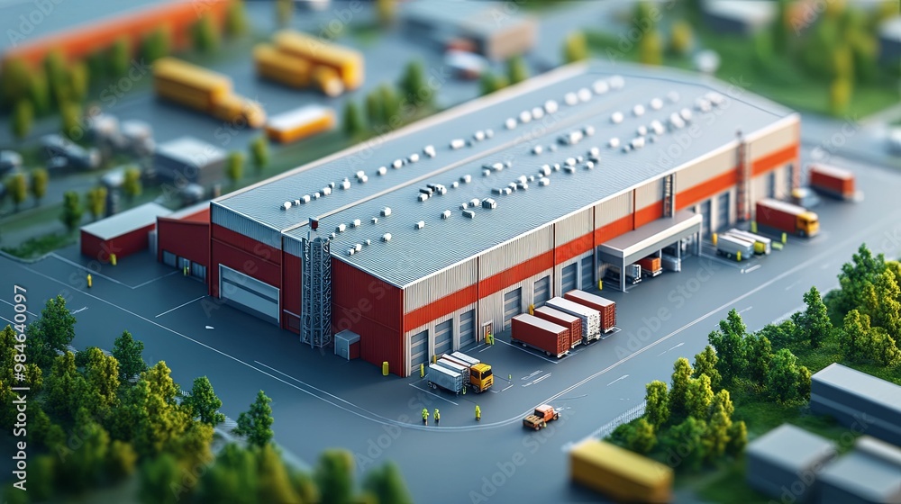 A Miniature Model of a Large Warehouse with Trucks and Workers A Miniature Model of a Large Warehouse with Trucks and Workers