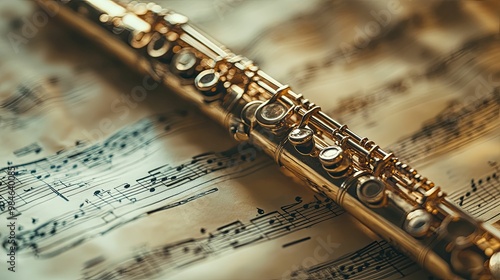 A Golden Flute Resting on Sheet Music