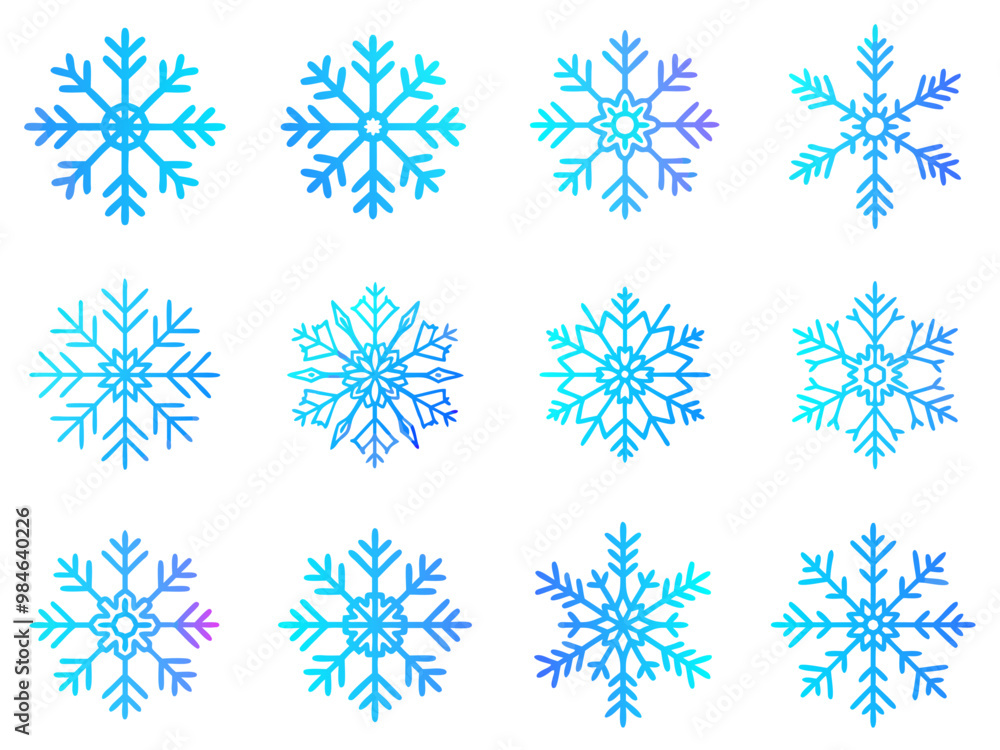 Collection of intricate blue snowflake designs in various shapes and sizes on a white background Collection of intricate blue snowflake designs in various shapes and sizes on a white background