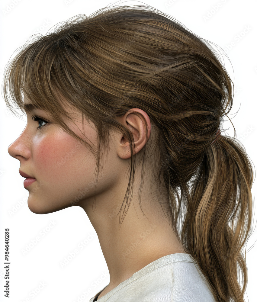 realistic 3D rendering of young woman with long, brown hair styled in ponytail. Her profile showcases delicate features and natural expression, highlighting her youthful appearance realistic 3D rendering of young woman with long, brown hair styled in ponytail. Her profile showcases delicate features and natural expression, highlighting her youthful appearance